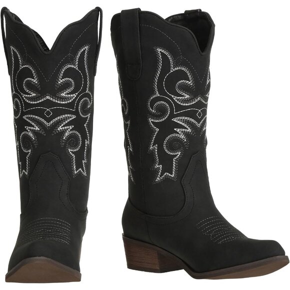 J's.o.l.e Women Black Cowgirl Boots Cowboy Pointed Toe Wide Mid Calf - Picture 4 of 8